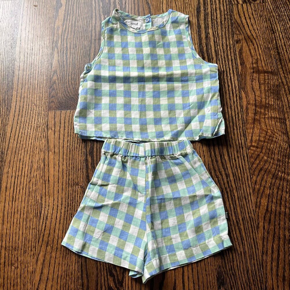 Oeuf Linen Tank Top and Shorts Set | Green (2-3Y)